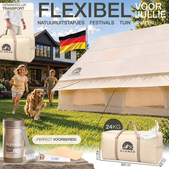Kinderen en hond rennen met beige ELONEO glampingtent in draagtas op gazon, met Duitse vlag.