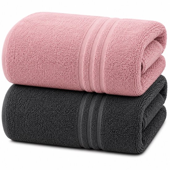 Komfortec Set van 2 Handdoeken 80x200 cm - 100% Katoen - XXL Saunahanddoeken - Badlaken - Strandlaken - Badhanddoek- Douchelaken - Zacht - Hoge Absorptie - Sneldrogend - Antracietgrijs&Roze.
