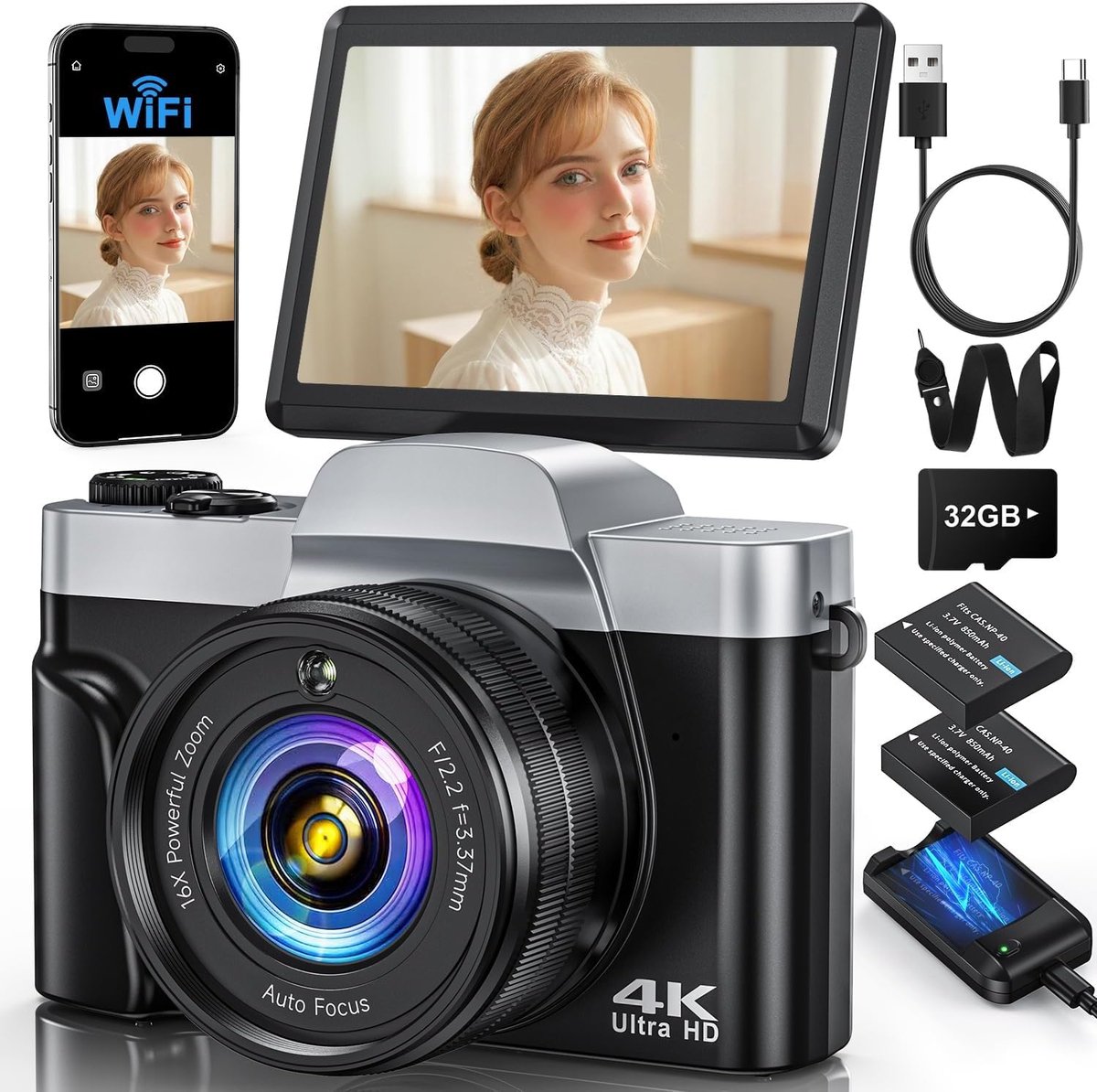 SnelShoppen - 4K Digitale Camera met WiFi 64MP, Autofocus, Compacte Vlogging Camera, 3 Inch 180° Flip Screen, 16X Zoom, Flash, Anti-Shake, Inclusief 3