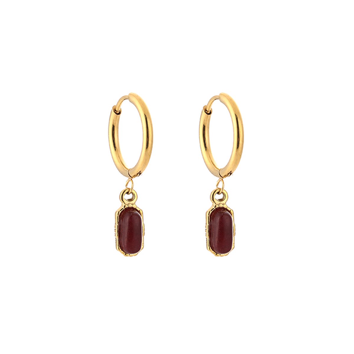 Stainless Steel Boho Natural Stone Charm Hoops – Luxe Boho Natuursteen Oorringen – RVS - Rood