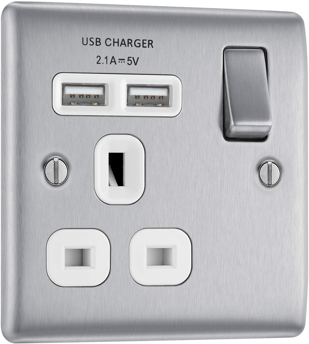 SnelShoppen - Enkele Geschakelde Snellader Stopcontact met USB-Oplaadpoorten 13 A, Geborsteld Staal met Witte Inzetstukken, Ideaal voor Thuis, Keuken