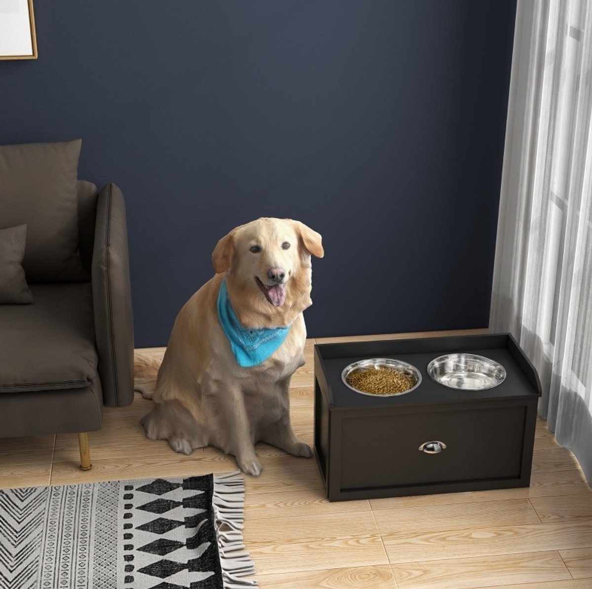 REDOM - Hondenvoerbak - Verhoogd dubbel voerstation met 2 uitneembare RVS voerbakken en lade - Moderne stijl - Voor grote honden - RVS - Zwart - 60 x 30 x 36 cm