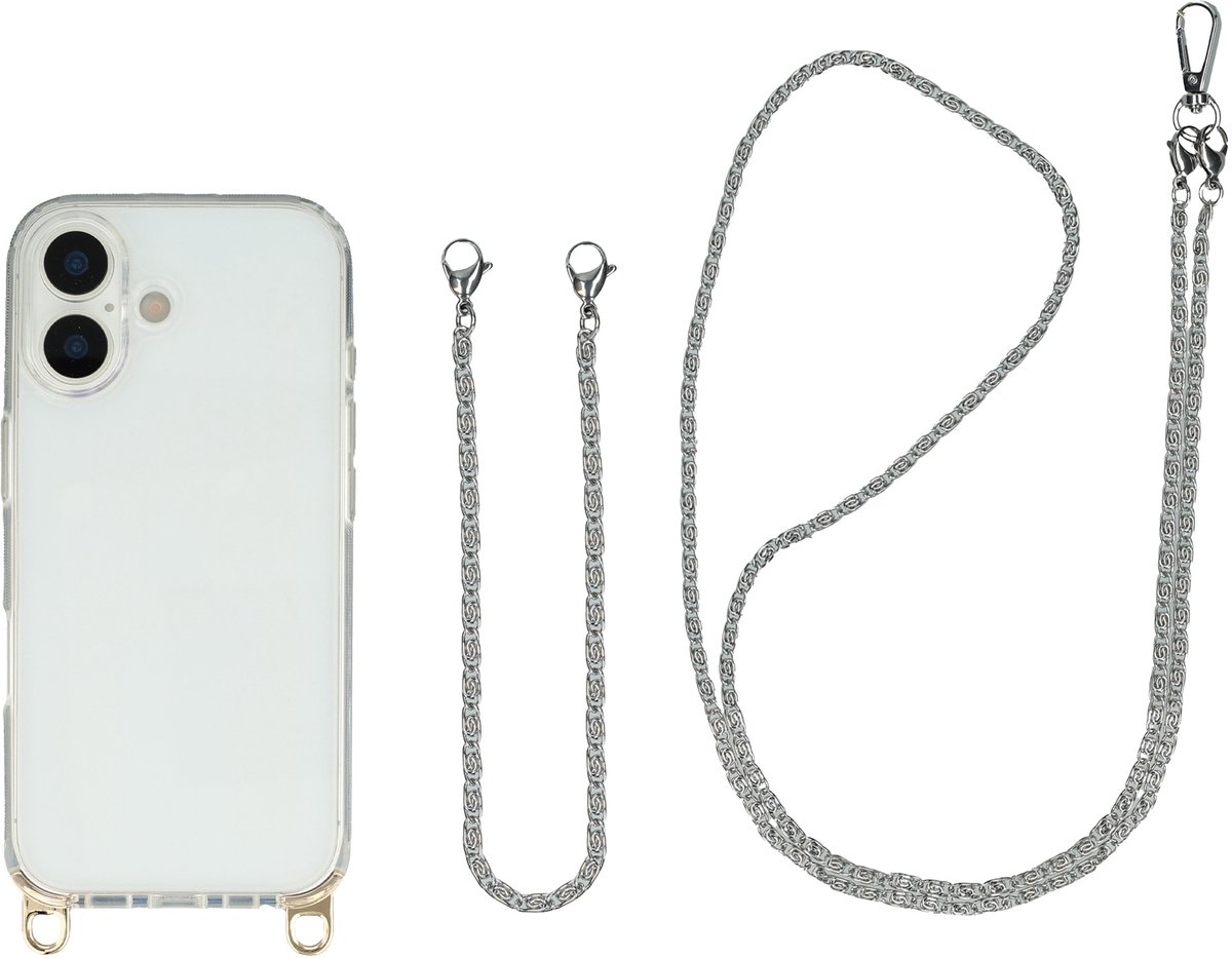 Selencia Transparant Hoesje met Haakjes inclusief Telefoonketting - Geschikt voor Apple iPhone 16 - Zilver