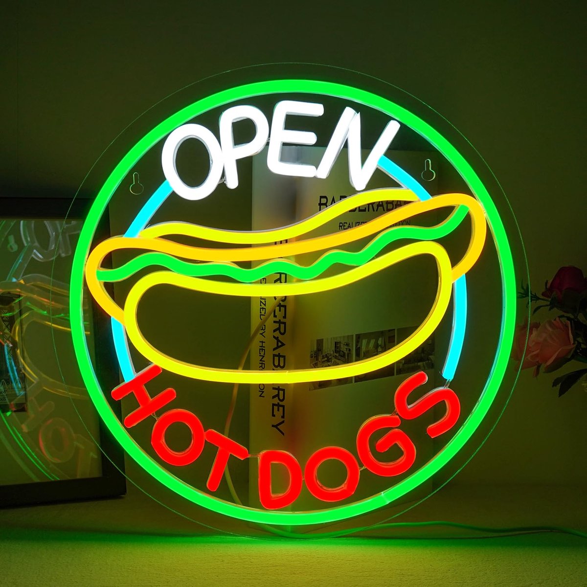 SnelShoppen - Ineonlife Open Hot Dogs Neon Bord voor Muurdecoratie - Dimbaar Led Bedrijfsbord voor Fastfood Restaurants en Kiosken - Decoratieve Neon
