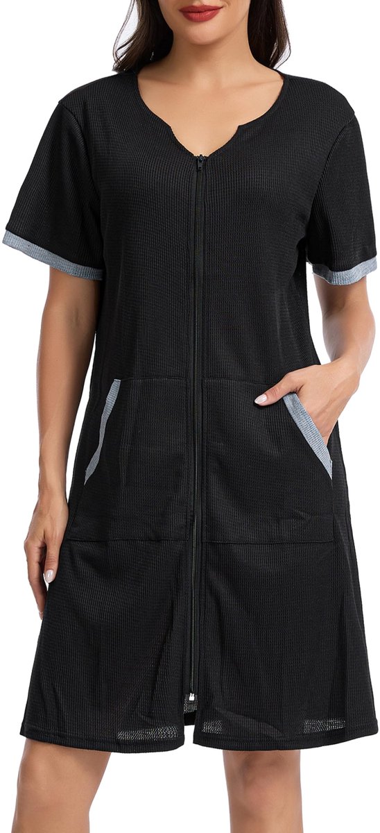 SnelShoppen - Dames Badjas Wafelpiqué met Ritssluiting, Licht en Ademend, Knielang, Zwart, XXL, Perfect voor Thuis, Ontspanning en Wellness
