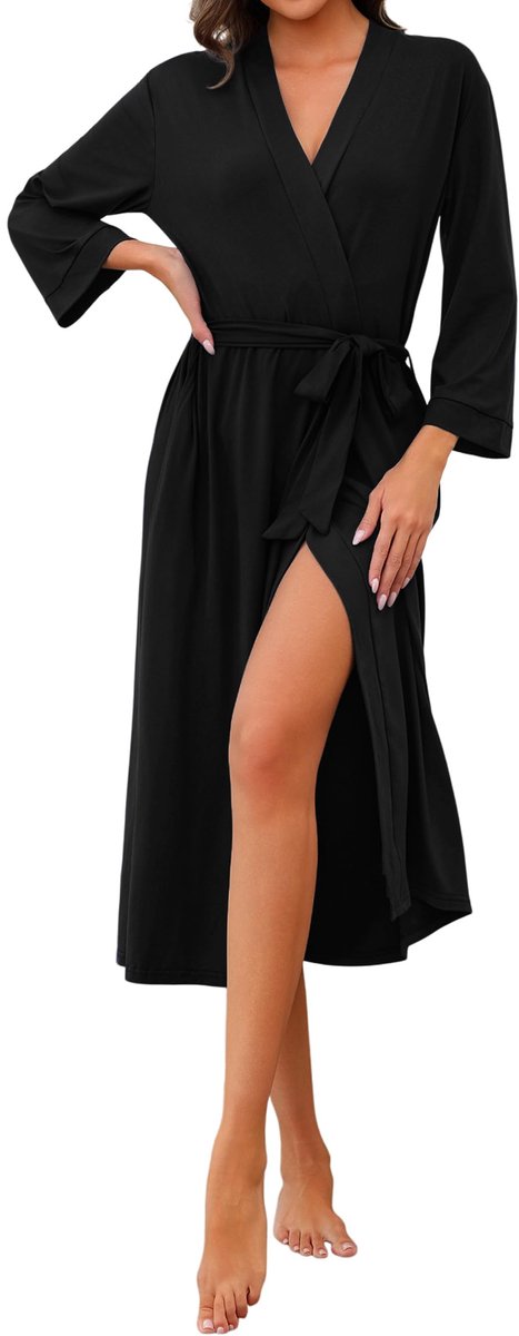 SnelShoppen - Elegante V-hals Dames Badjas van Katoen, Lichte Zwarte Badjas met Riem en Zak, Perfect voor Thuis, Wellness en Ontspanning, Maat L