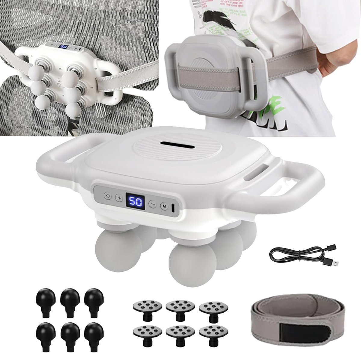Massagepistool, 6-koppige diepweefselmassager, 1500 mAh, spiermassageapparaat met 18 massagekoppen en heupgordel en 50 snelheden voor pijnverlichting voor rug taille buik benen