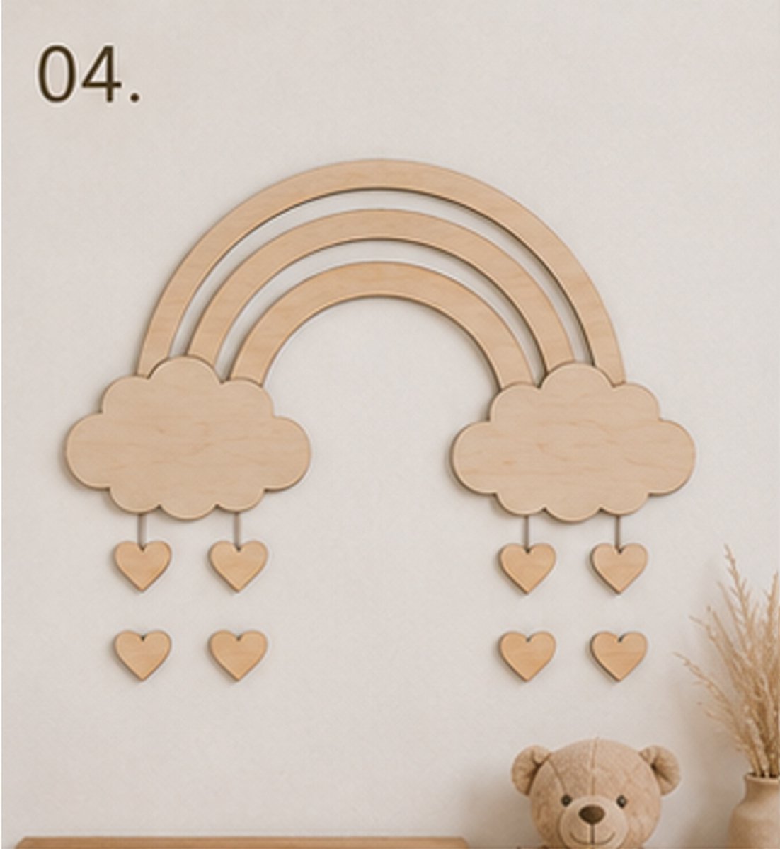 Model 04 – Houten Regenboog met Hangende Hartjes | Boho Kinderkamer/babykamer/kinderkamer/ babykameraccessories/ wall decoration/ cloud