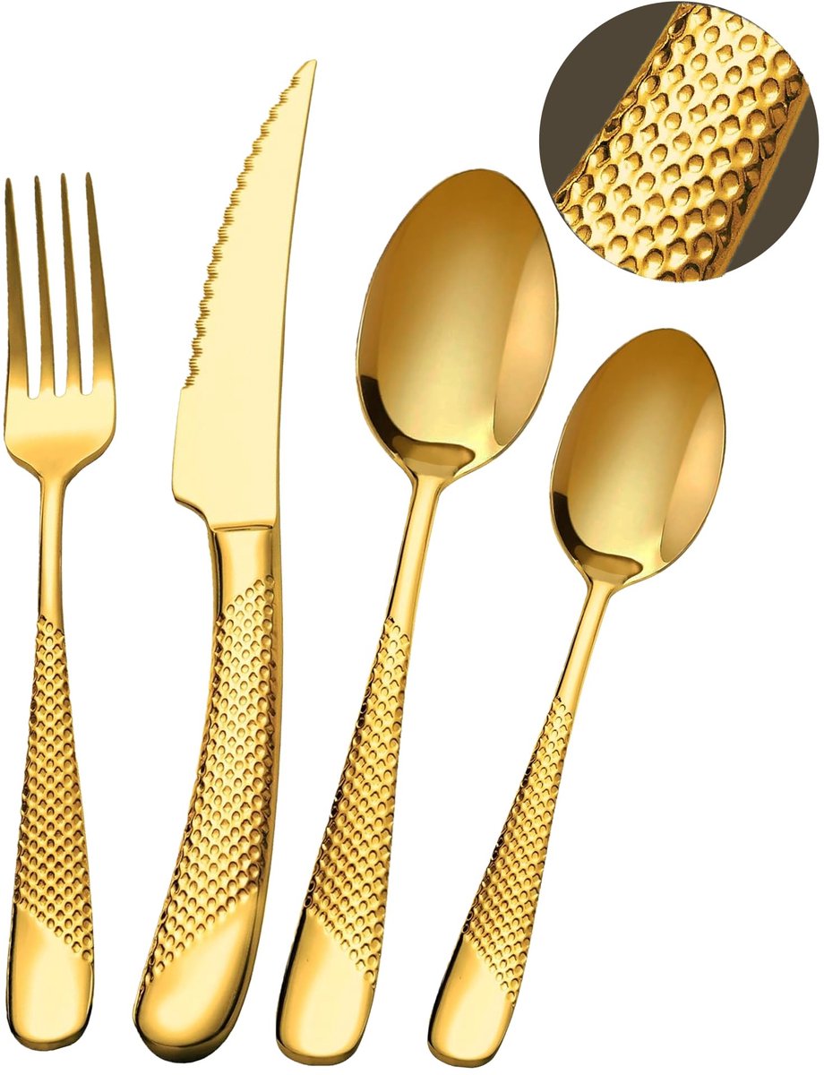 SnelShoppen - 24-delige luxe gehamerde bestekset in goud - ultrascherp 2-in-1 gekarteld mes, roestvrij staal 18/10, bestek voor 6 personen - perfect v