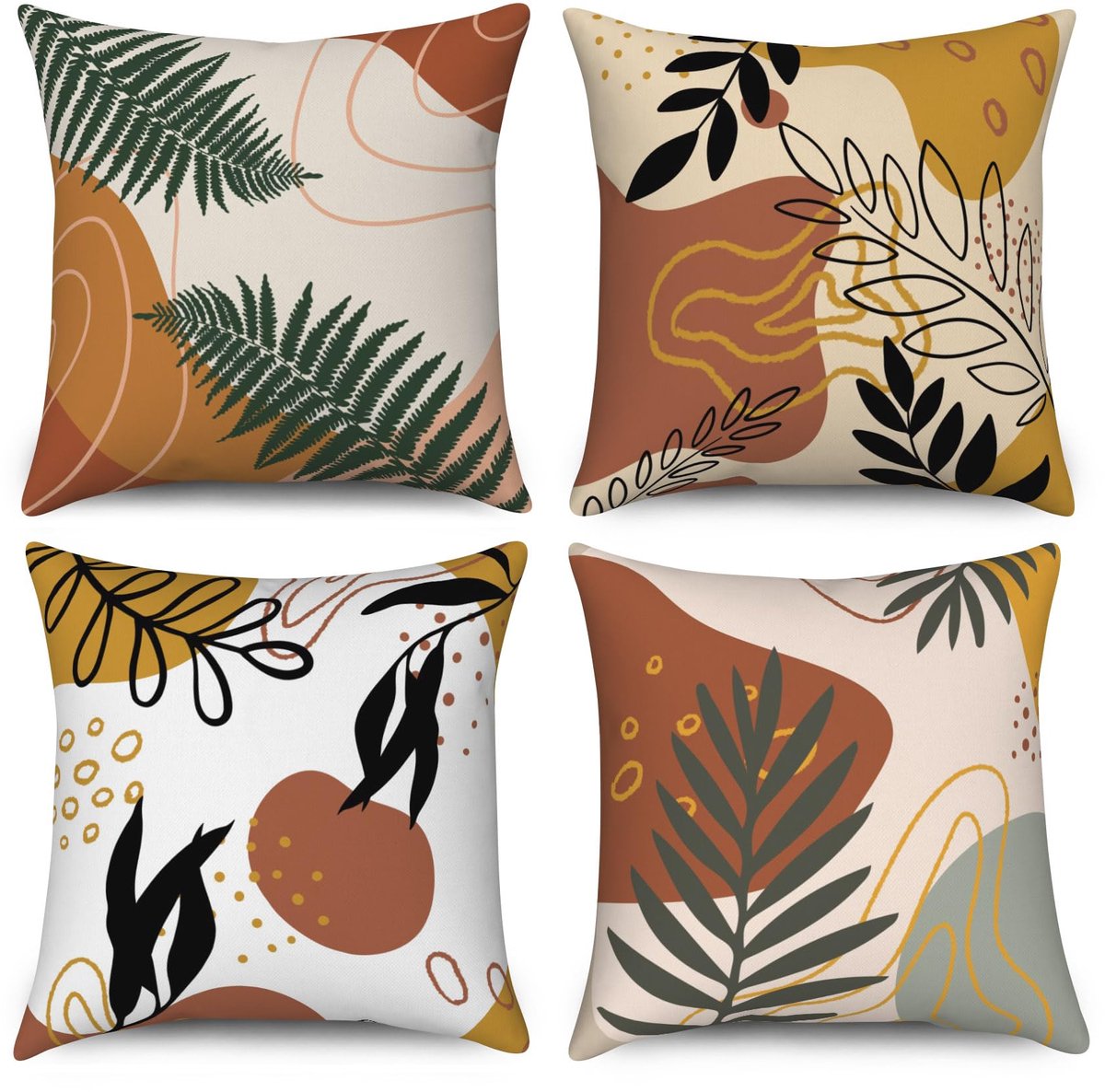SnelShoppen - Set van 4 Kussenslopen 40x40 cm - Modern Abstract Boho Bladeren - Wasbaar Polyester Vlas Textiel voor Bank Sierkussen Outdoor Bekleding
