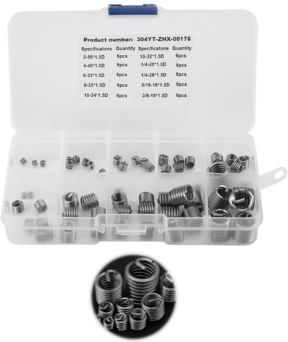 Precisie reparatieset voor schroefdraad, duurzaam 304 roestvrij staal, 60-delige set met schroefdraadhulzen
