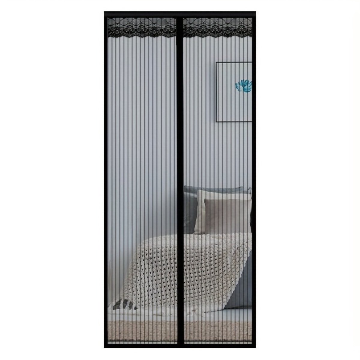 Een magnetische deur met een klamboe-ontwerp, voorzien van gestreepte kanten details, een magnetische sluiting van boven tot onder, automatische sluiting en bevestigingsmiddelen met haken en lussen,Zwart, 120x210 cm