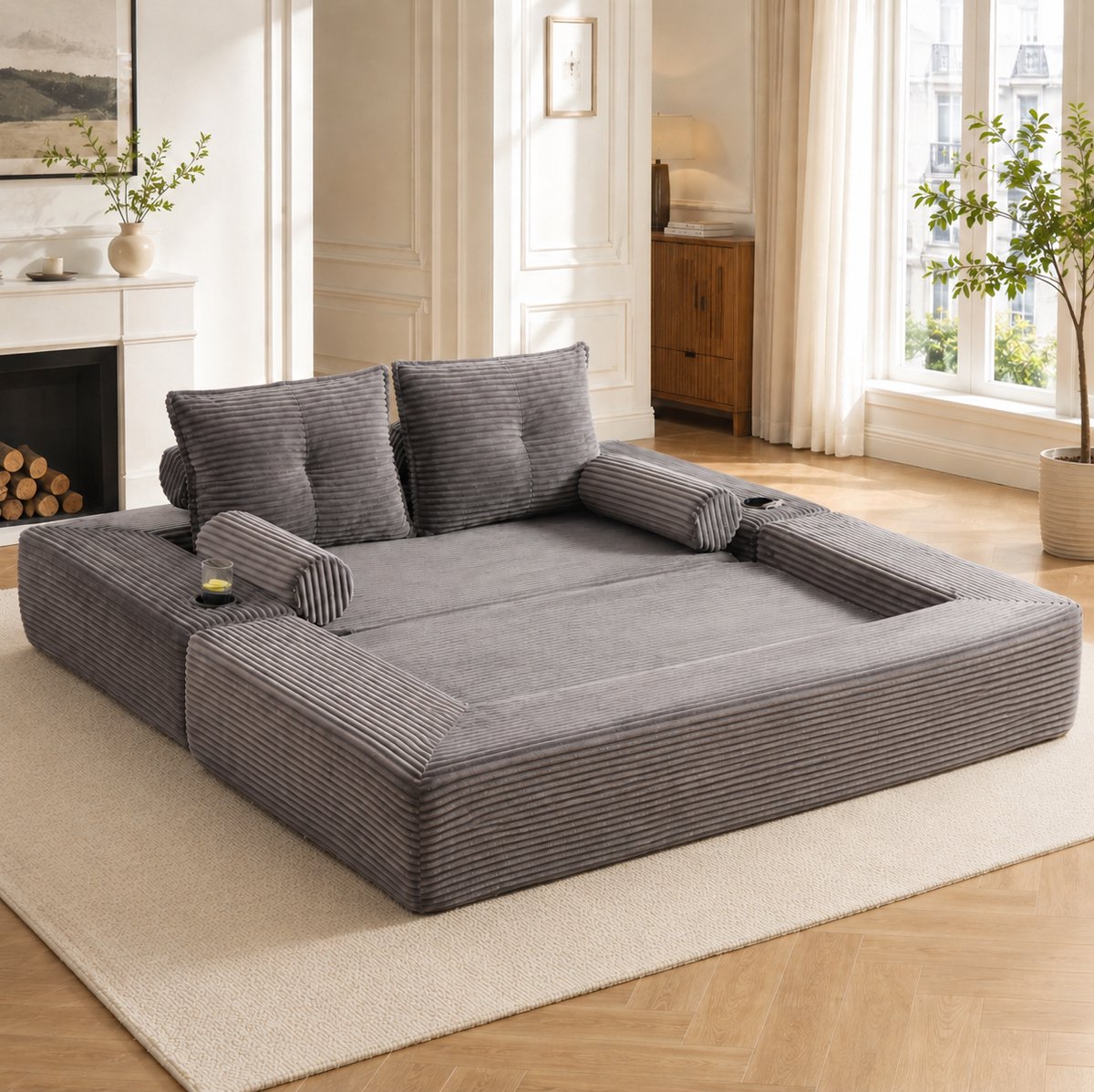 REDOM - Slaapbank 2-zits - Opklapbaar slaapfunctie - Met zijvakken en bekerhouder - Memory-schuim rugkussens - Corduroy - Donkergrijs - 180 x 98 x 80 cm
