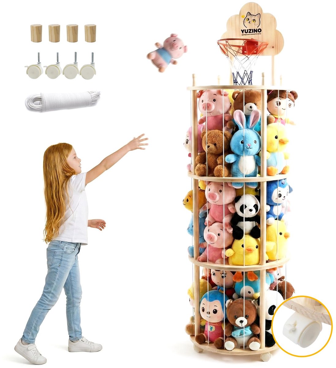 SnelShoppen - Houten Opbergruimte voor Knuffeldieren met 3 Verdiepingen, Inclusief Wielen en Basketbalmand, 175 cm Grote Houder met Elastische Touwen,