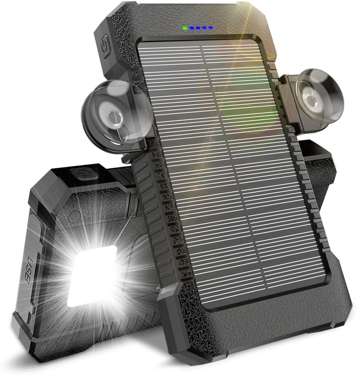 SnelShoppen - Solar Power Bank met Zuignap Houder, Externe Batterij met 3 USB Poorten, Oplaadbare Accu met Zaklamp voor Camping, Feest, Tuin, Zwart