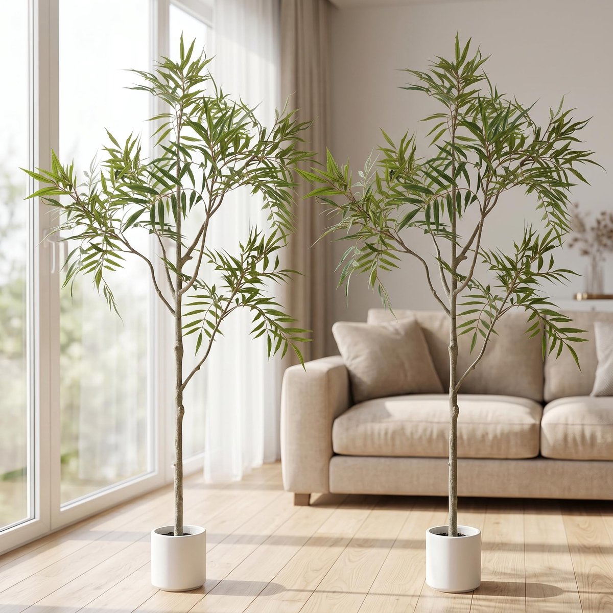 SnelShoppen - Kunstplant 150 cm Mahonie - Realistische Nepplant met Witte Pot - Buigbare Bladeren voor Woonkamer, Slaapkamer, Kantoor, Hal - Decoratie
