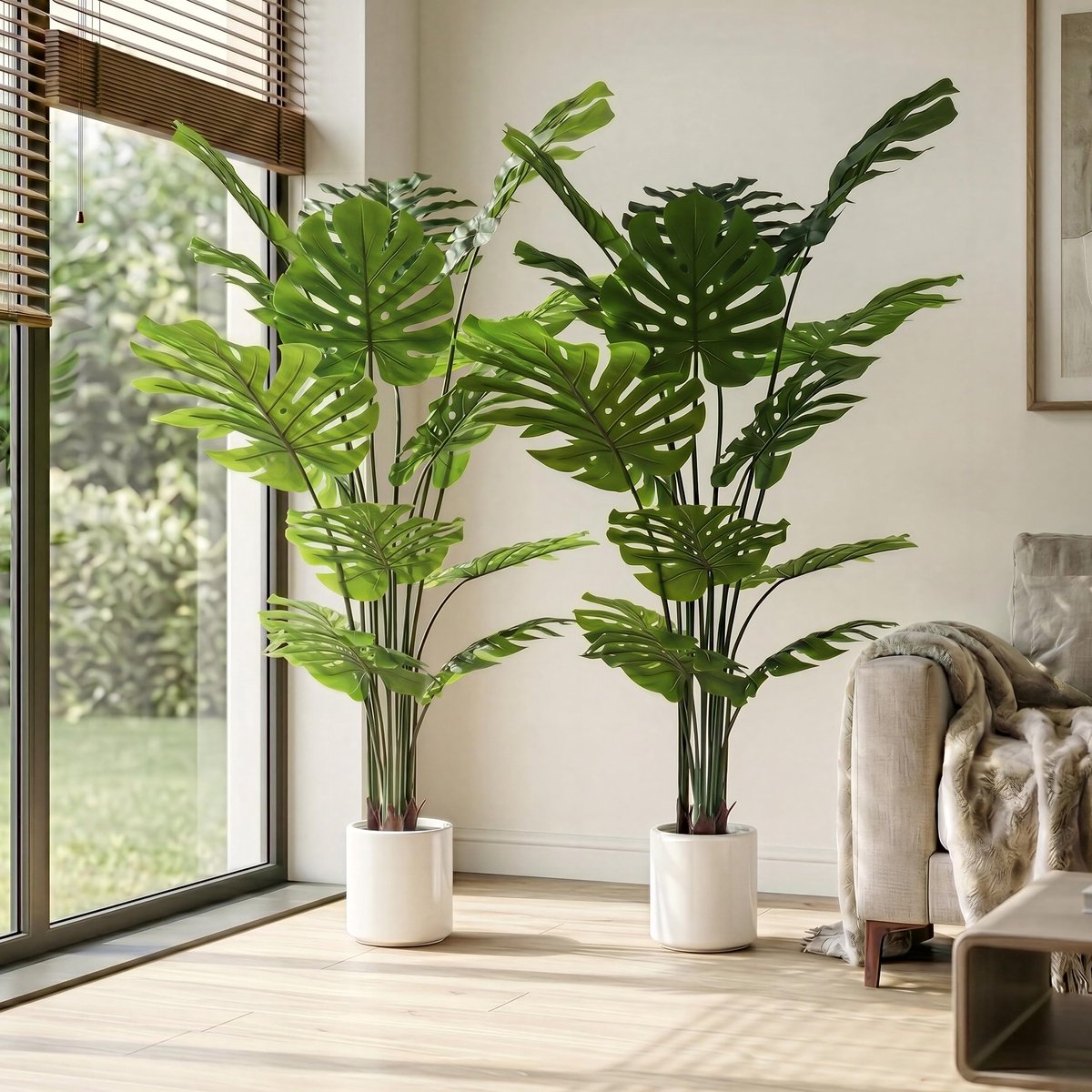 SnelShoppen - Kunstplant Monstera 150 cm - Realistische Nepplant met Witte Pot - Buigbare Bladeren - Ideaal voor Woonkamer, Slaapkamer, Kantoor - Set