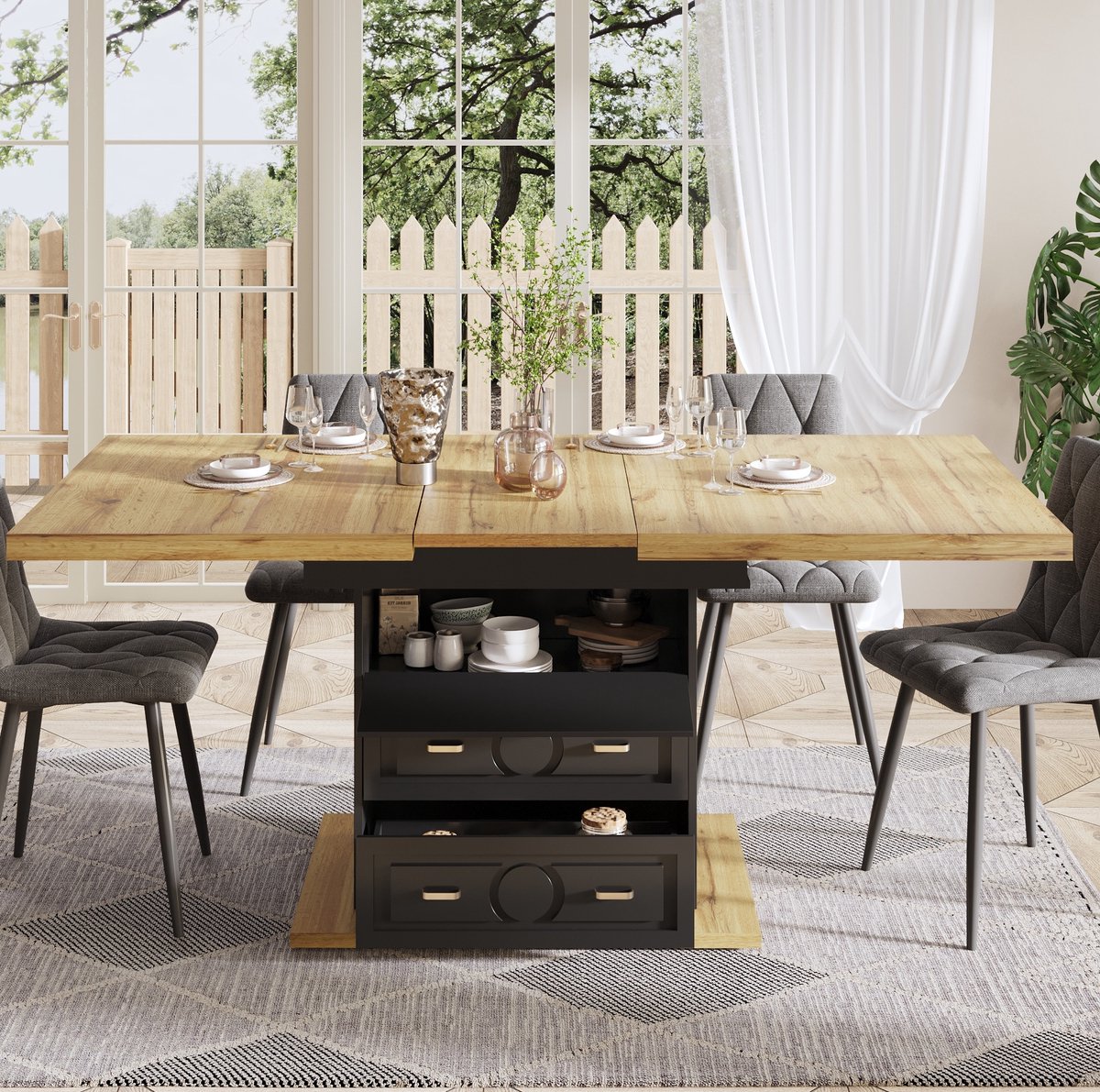 MEUNIQ uitschuifbare eettafel 110-140 x 80 x 75 cm met 2 lades en opbergruimte, tafel met houtlook voor keuken, eetkamer, woonkamer of balkon, naturel Naturel hout