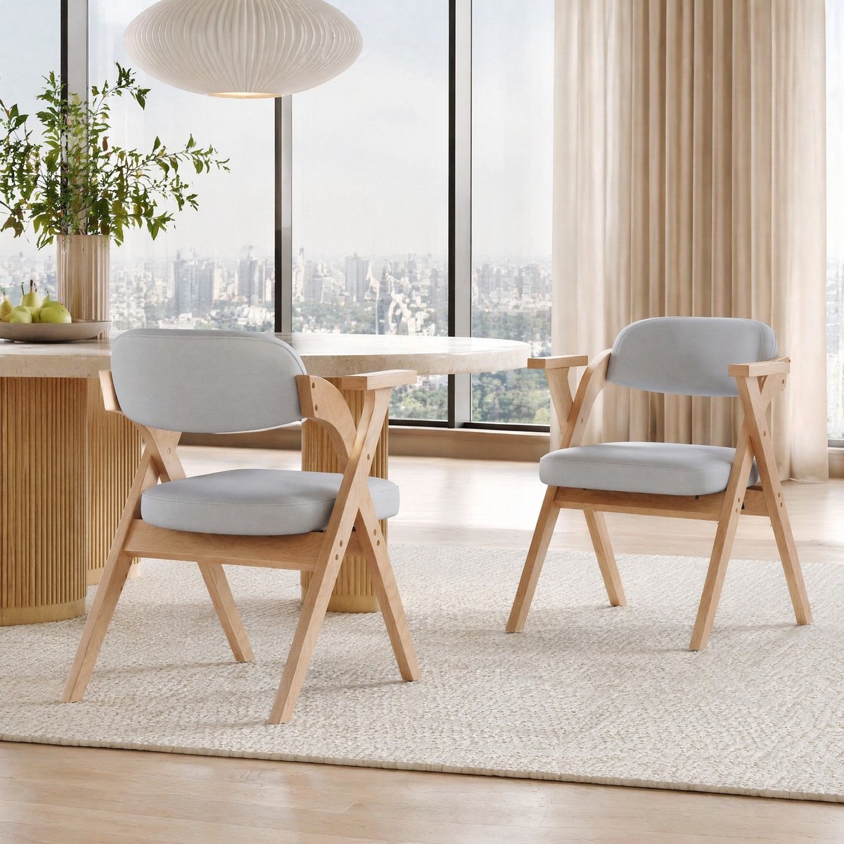 MEUNIQ set van 2 klapbare eetkamerstoelen met massief houten frame, grijze stoffen zitting, armleuningen en opvouwbaar ontwerp voor eetkamer of woonkamer