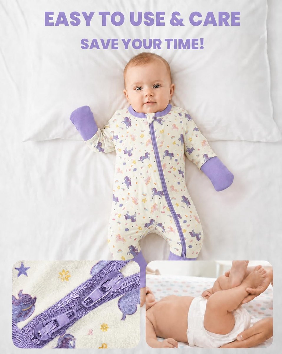SnelShoppen - JiAmy Babypyjama Set van 2 Stuks, Lange Mouwen, Katoen, Ritssluiting, Romper met Voeten voor Pasgeborenen, Lila Eenhoorn, 6-9 Maanden, K