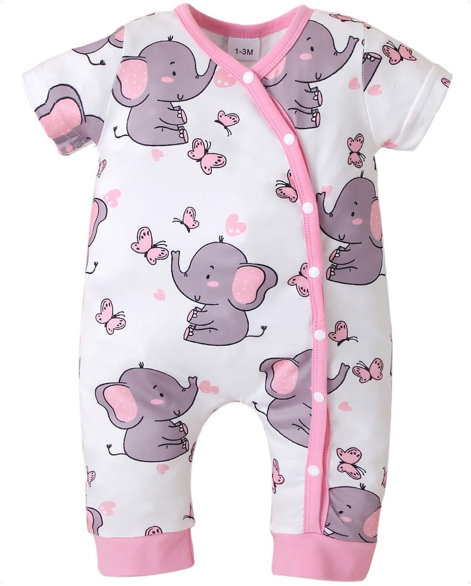 SnelShoppen - Rompertje voor Baby's Meisjes Korte Mouwen Jumpsuit Olifant Vlinder Motief Knoop 0-12 Maanden Roze 6-9 Maanden