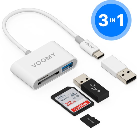 Lecteur de carte Voomy blanc 3-en-1 avec ports USB-C et USB-A, incluant une carte SD et une carte microSD.