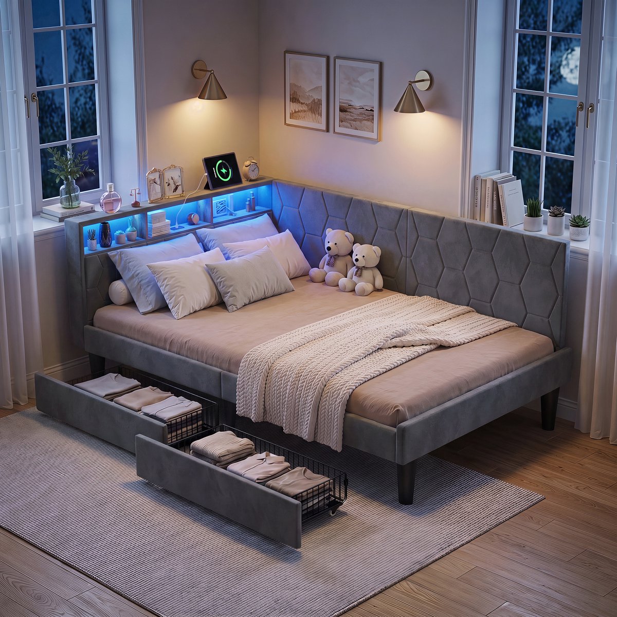 SHOPENTRA 2-in-1 Bedbank 140x200 cm Grijs Fluweel – Gestoffeerd Opbergbed met 2 Lades, LED Hoofdbord, USB & Type-C Poorten en Lattenbodem