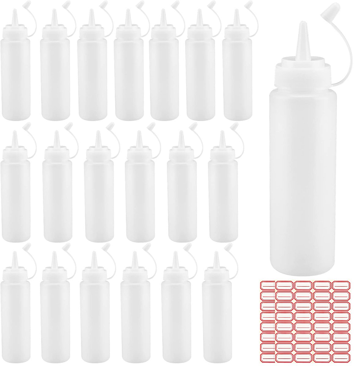 SnelShoppen - 20 stuks knijpflessen met doppen, 250 ml plastic sausflessen met etiketten, knijpflessen voor ketchup, olie, glazuur, doorschijnend wit