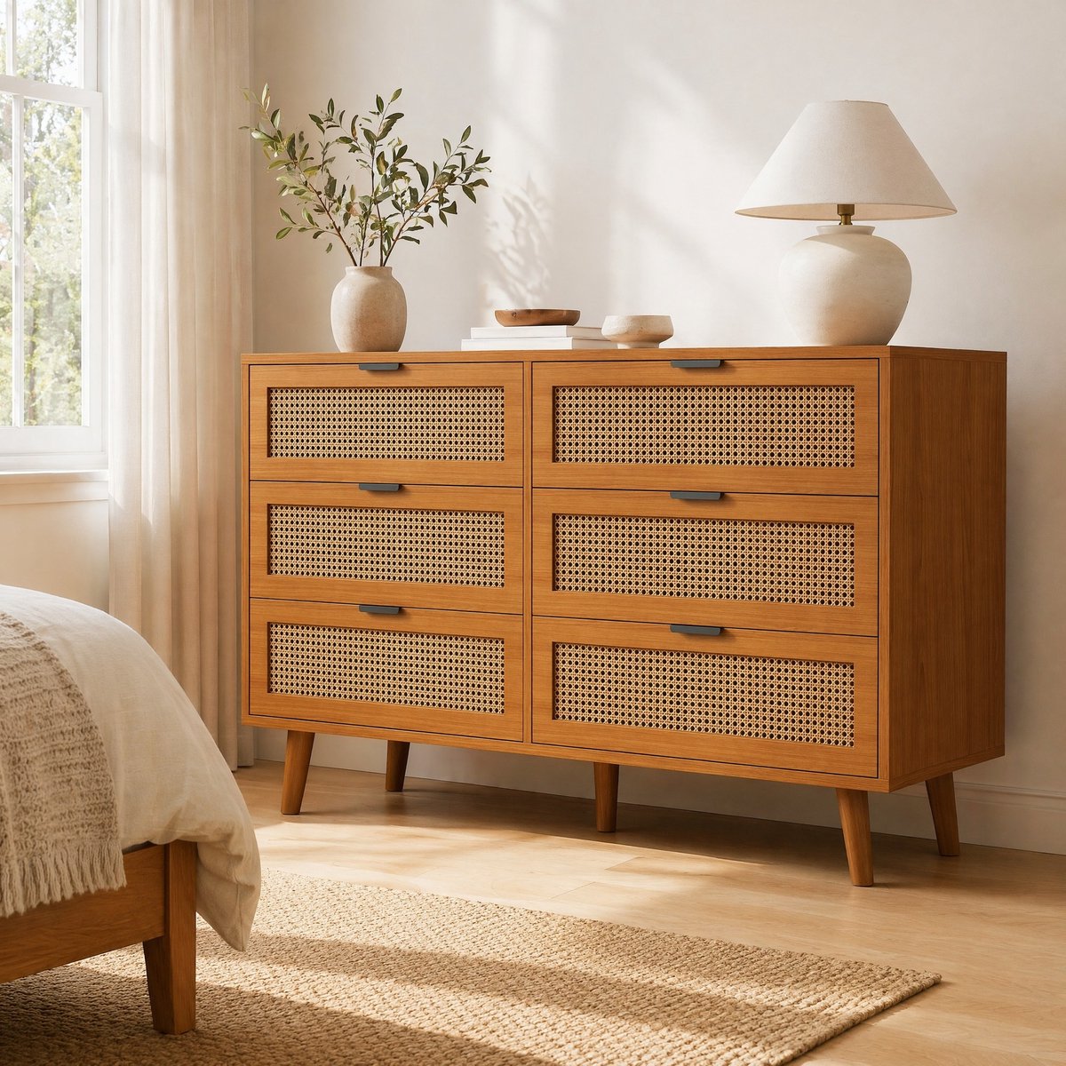 COVREO Dressoir 120 x 40 x 76,5 cm - walnoot, rotan front, 6 lades