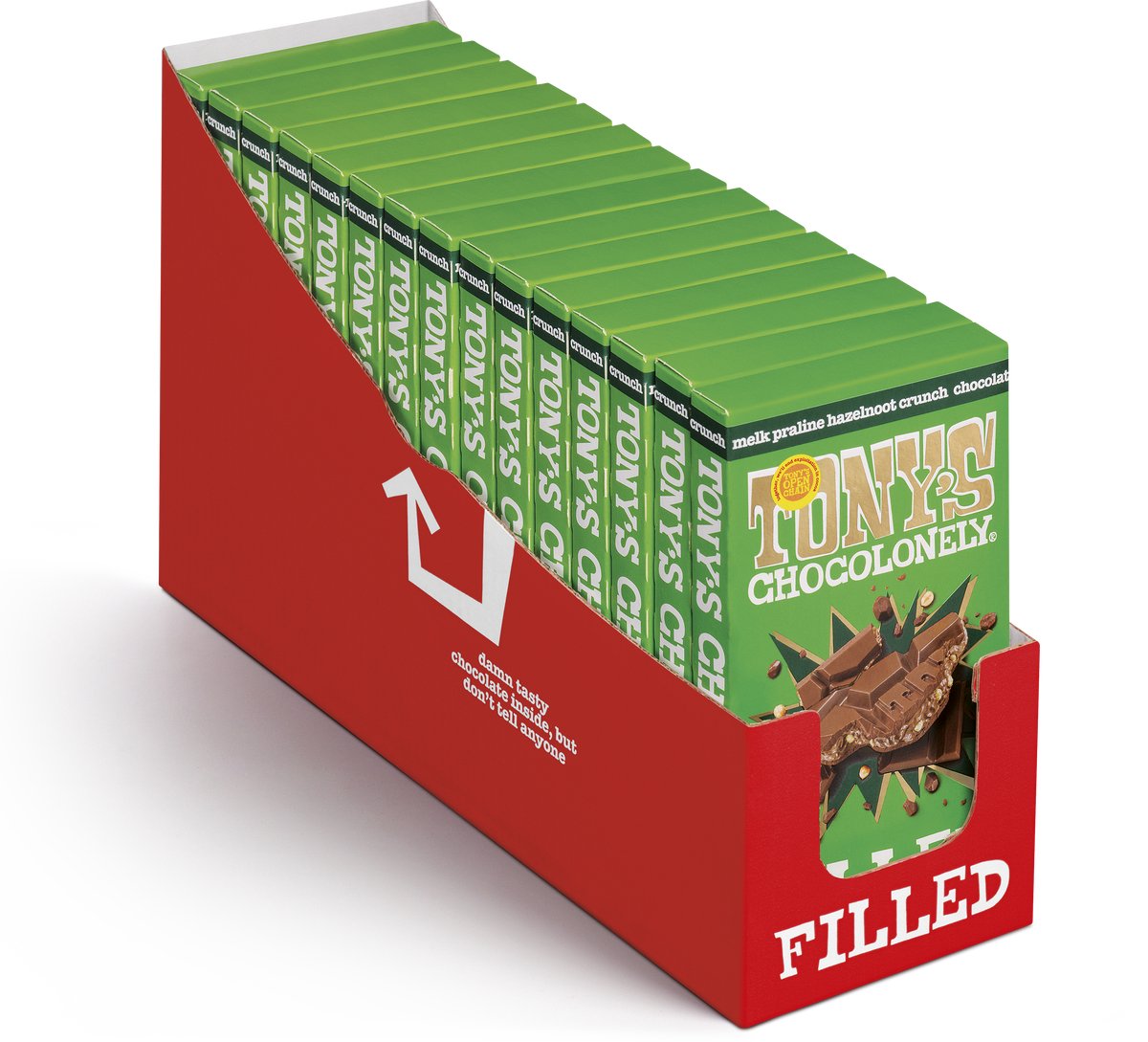 Tony's Chocolonely - Gevulde Chocolade Reep - Filled Melk Praline Hazelnoot Crunch - 127 Gram - Fairtrade Belgische Chocola - Bulk verpakking - 15 stuks x 127 gram