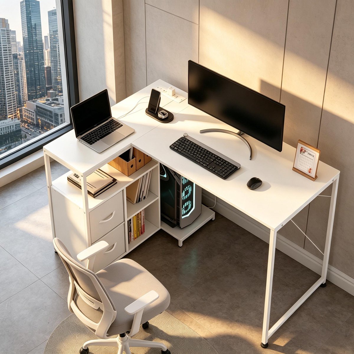 REDOM - Bureau - L-vormig hoekbureau met stroomaansluiting - Omkeerbaar ontwerp - Opbergruimte met stoffen lades - Hout en metaal - Wit - 120 x 80 x 76 cm