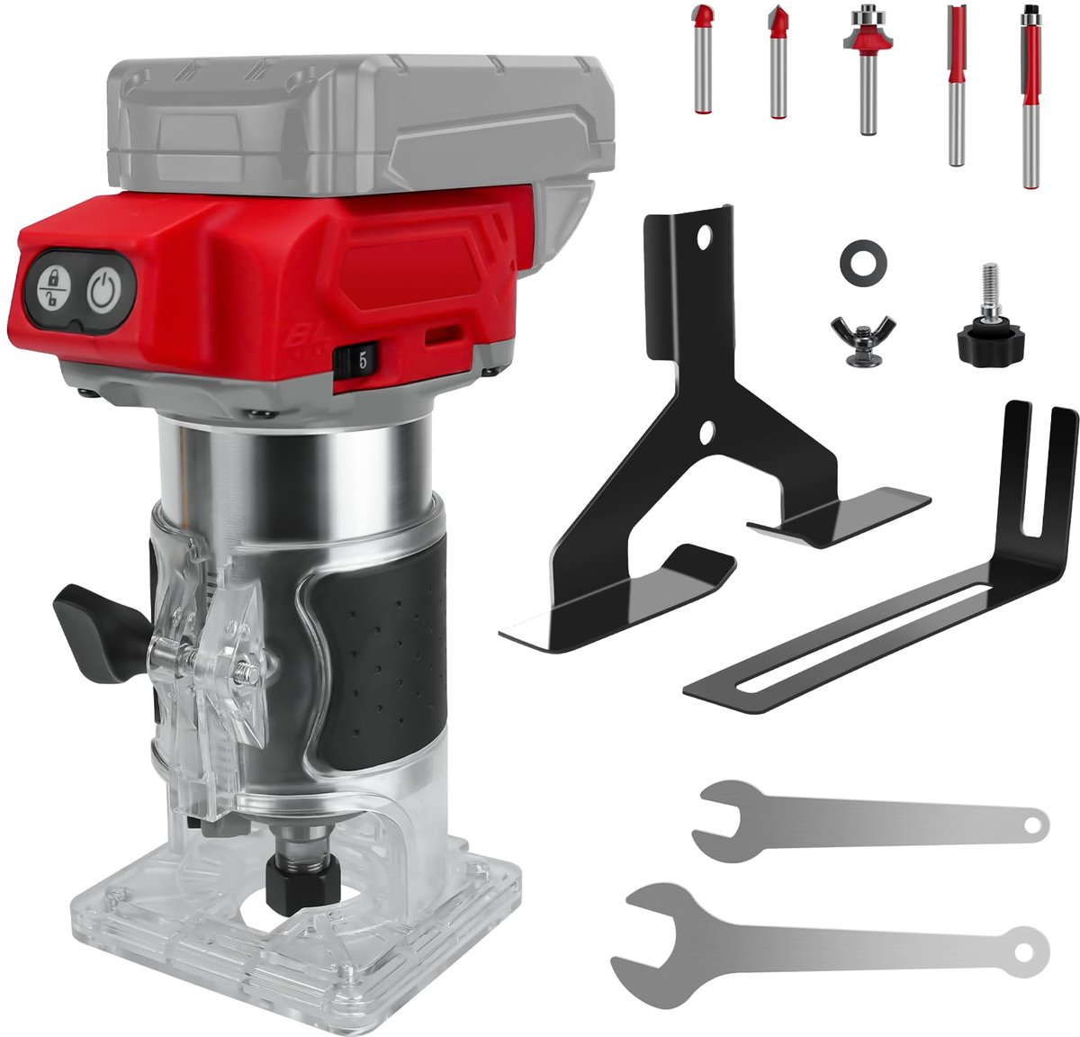 SnelShoppen - Accu Bovenfrees Trimmer 18V, 30000 tpm Elektrische Handpalmrouter, 5 Stuks 1/4 Inch Schacht, Borstelloze Routertrimmer voor Houtbewerkin