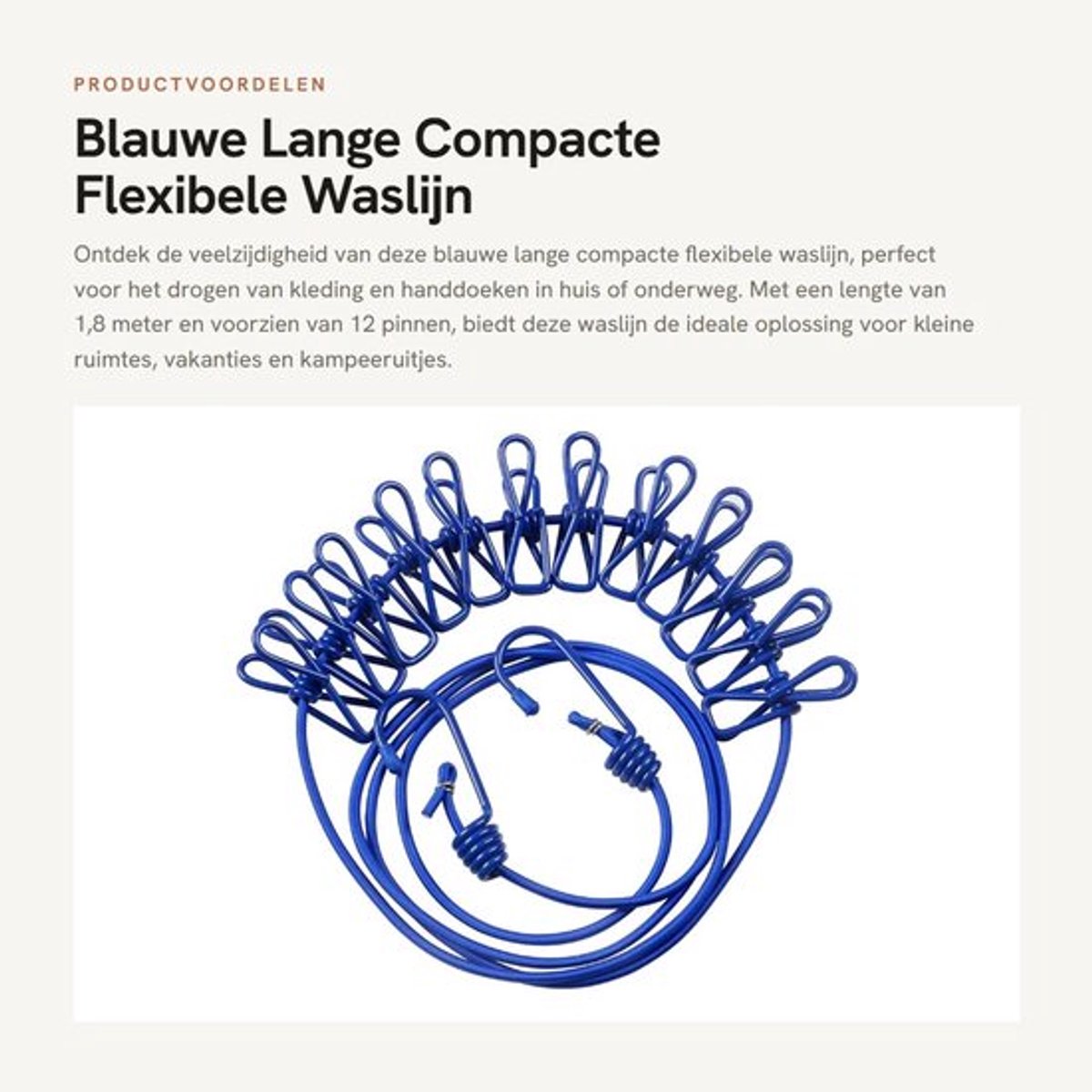 Waslijn Uittrekbaar - Compact - 1,8 m - 12 Pinnen - Haken - Draagbaar - Ideaal voor Vakantie - Drooglijn