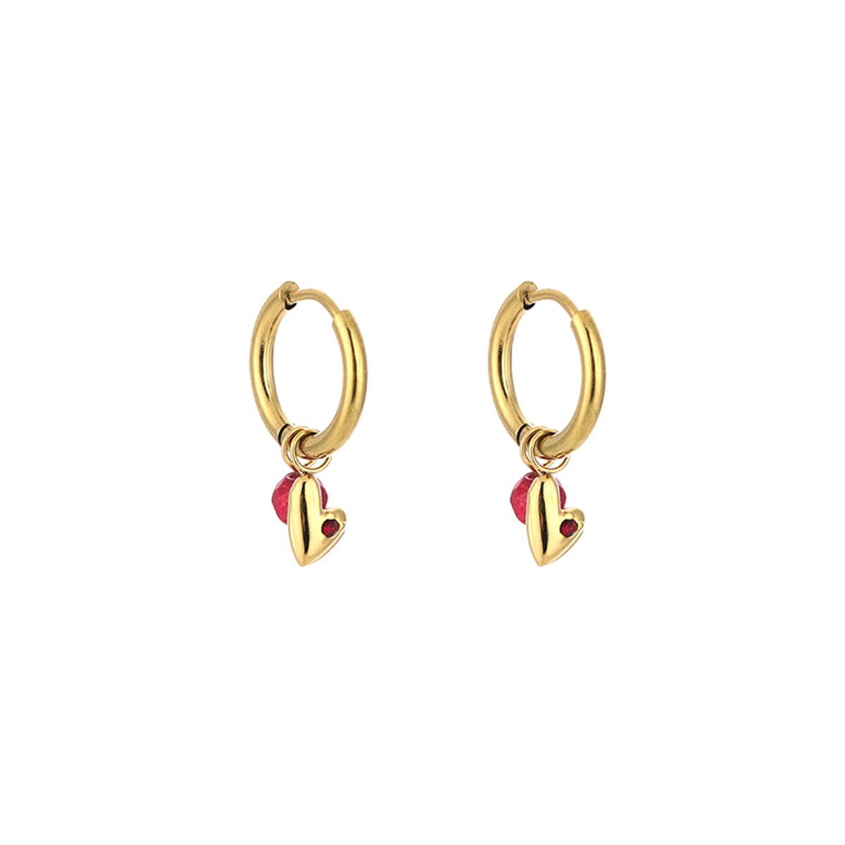 Stainless Steel Heart & Bead Charm Huggie Hoops – Luxe Hart & Kraal Hanger Oorringen – RVS - Bordeaux