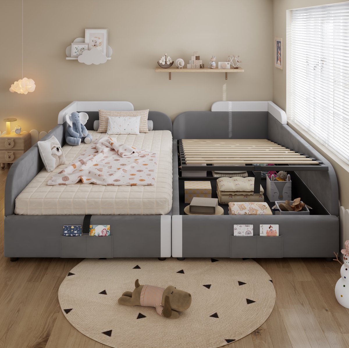 COVREO Kinderbed 205x187x71 cm – grijs wit, hydraulische opbergruimte, zacht bedhek