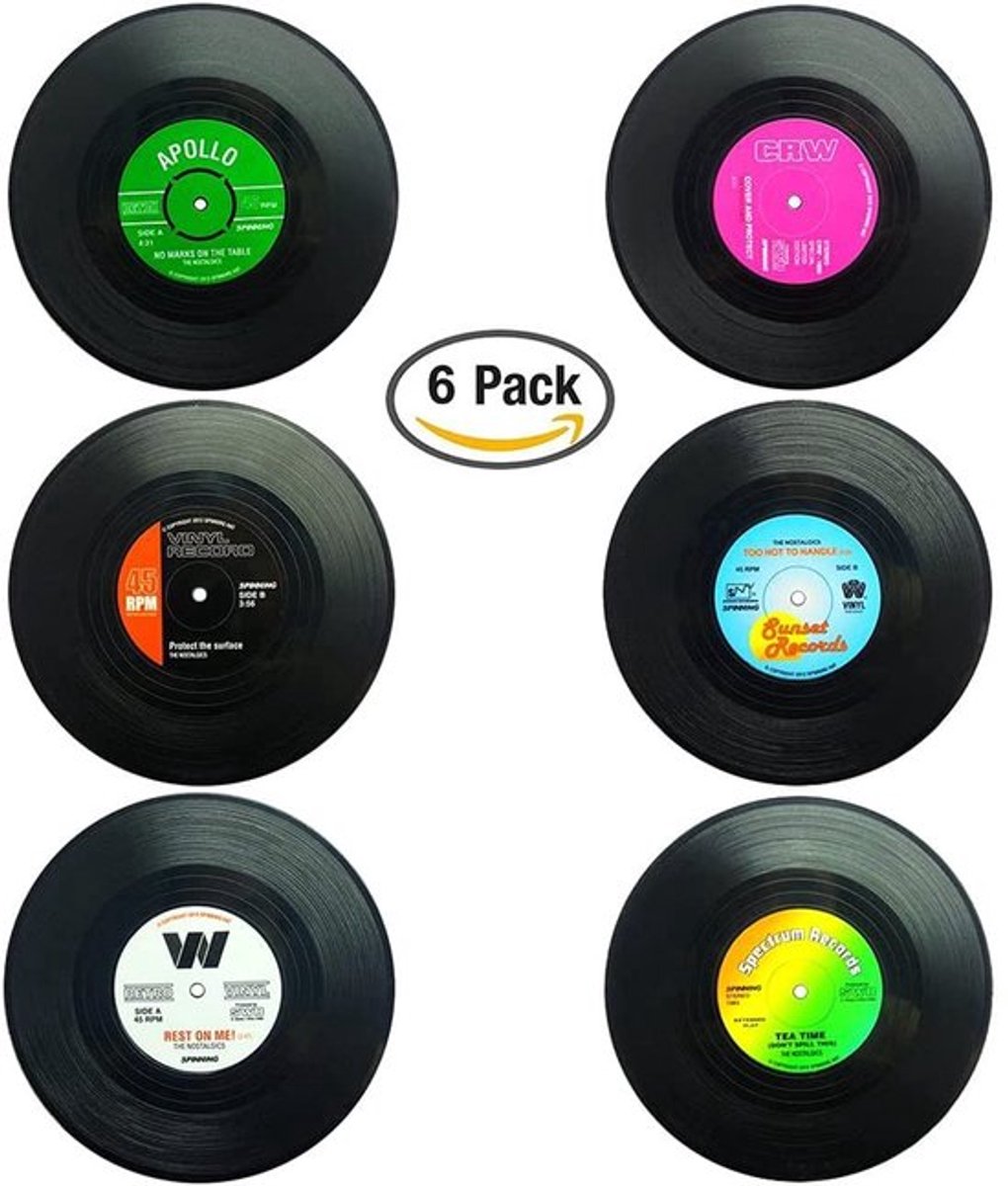 Onderzetters Set van 6 - Retro Vinyl Platen - Antislip Tafelbescherming - Placemat voor Koude/Warme Dranken - 10,4 cm - Voorkomt Uitschuiven - Placemats