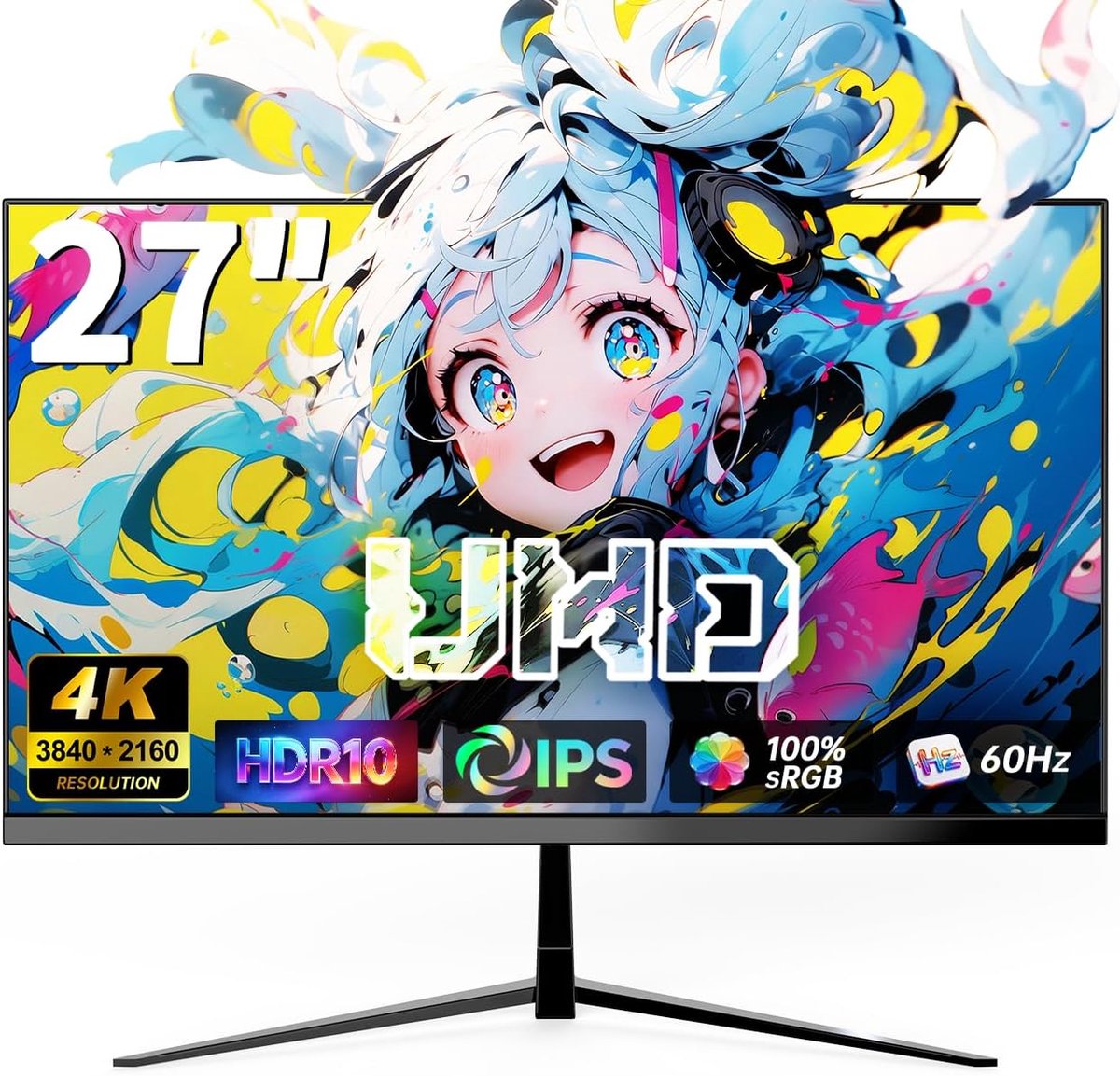 SnelShoppen - 27 inch IPS-computermonitor 4K QHD (3840 x 2160), 60Hz, HDR10, 1ms, in hoogte verstelbaar, 100% sRGB, 2x HDMI 2.0 voor gaming en beeldbe