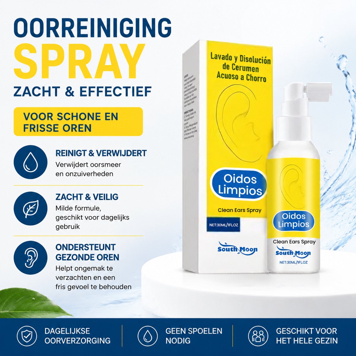 South Moon Pro - Oor Reinigingsspray - Tegen Oorsmeer, Oorpijn & Verstopping - Mild & Veilig, Geen Irritatie - Dagelijks Gebruik, Thuis of Onderweg - 30ml