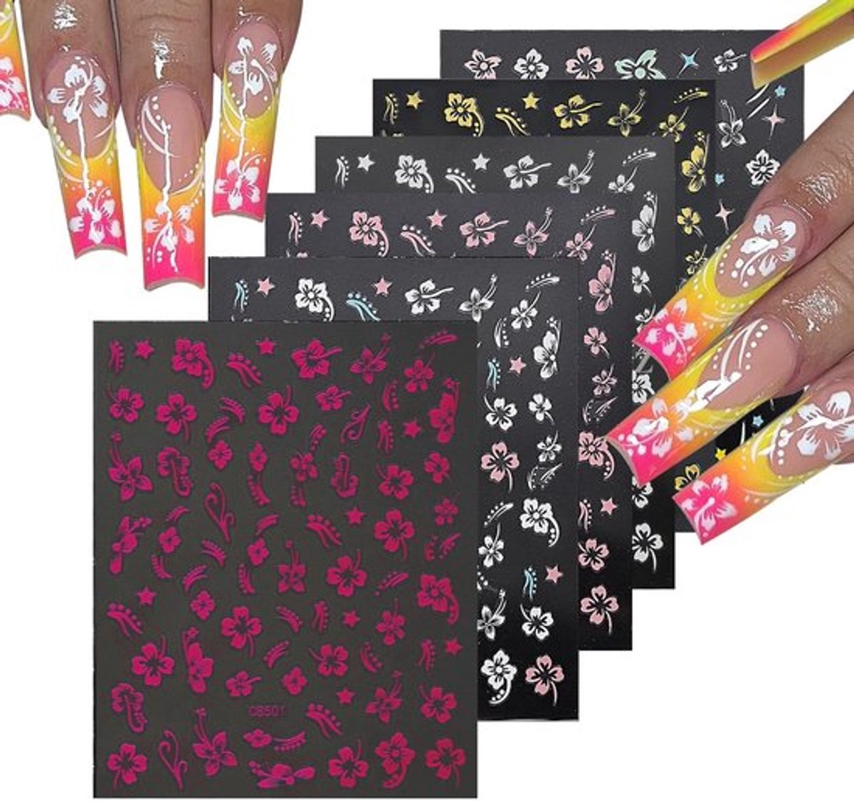 Nagelstickers Bloemen - 6 Vellen Zelfklevende Hibiscus - Nagelkunst Stickers - DIY Manicure Decoratie - Veilig en Milieuvriendelijk - Geschikt voor Vrouwen - Nail Art