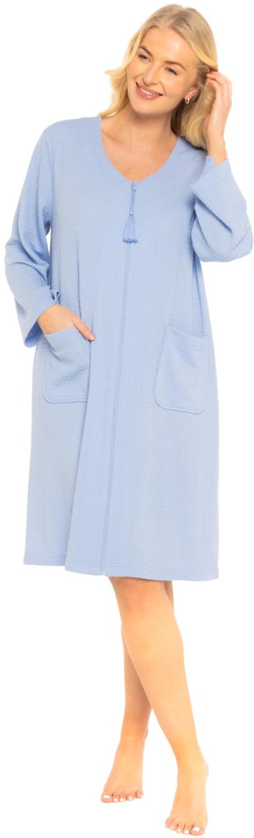 SnelShoppen - Dames Superzachte Wafelbadjas van Jersey met Ritssluiting - Blauw - M - Perfect voor Thuis, Wellness en Ontspanning
