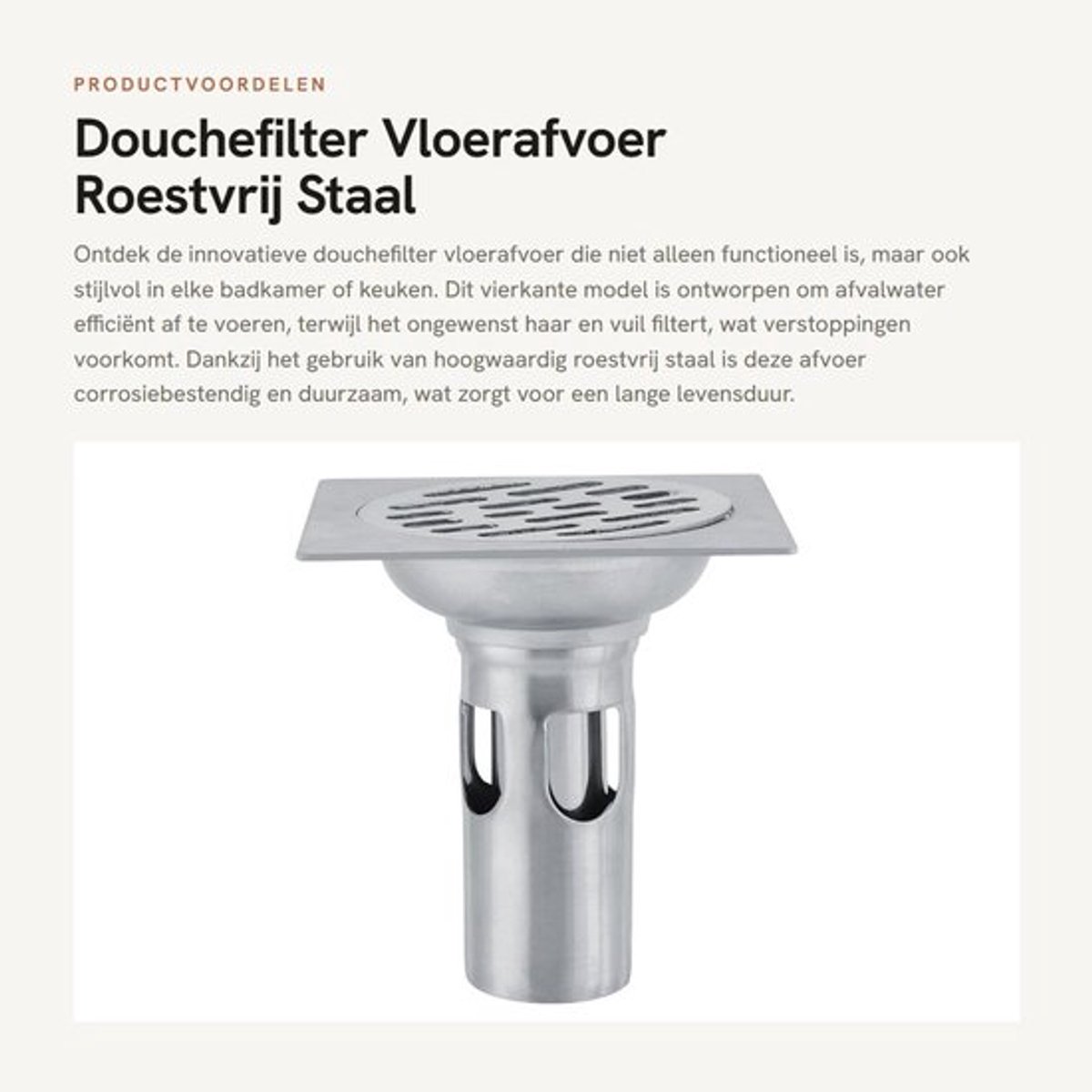 Douchefilter Roestvrij Staal - Afvoerputje - Vloerafvoer - Verwijderbare Deksel - Hoekig - Duurzaam 9,8 x 9,8 cm