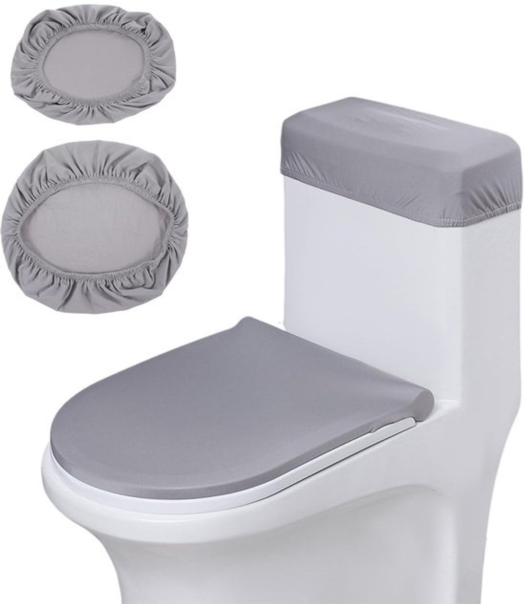 Toiletdekselhoes wasbaar - Elastische Wc Bril Hoes - Polyester - Slijtvast - Donkergrijs - Inclusief toilettankafdekking - Wc-brilhoes