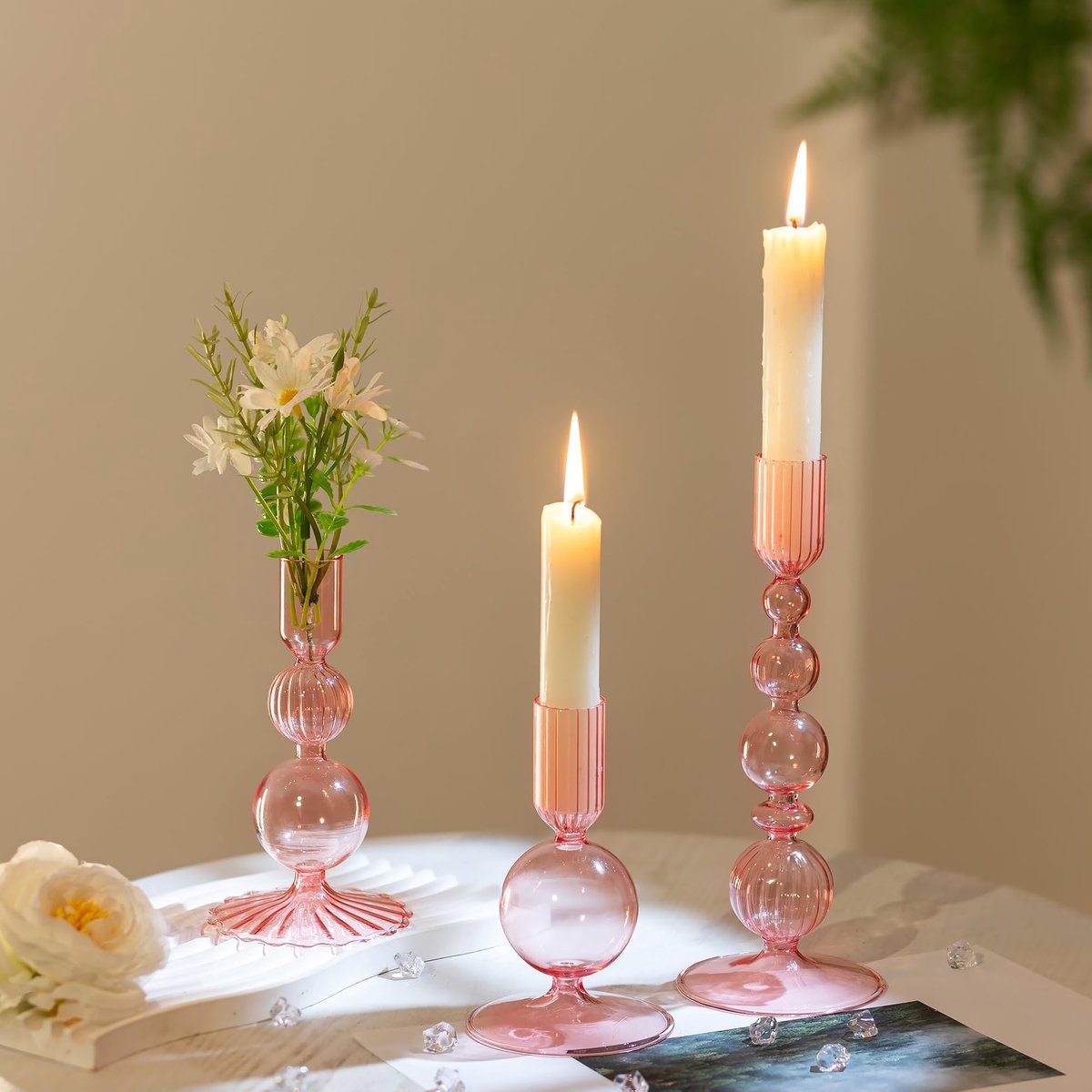 SnelShoppen - Kandelaar Glas Kleurrijke Staafkaarsen Kaarsenhouder Set van 3 - Roze Glazen Decoratie Eettafel voor Woonkamer Bruiloft Feest