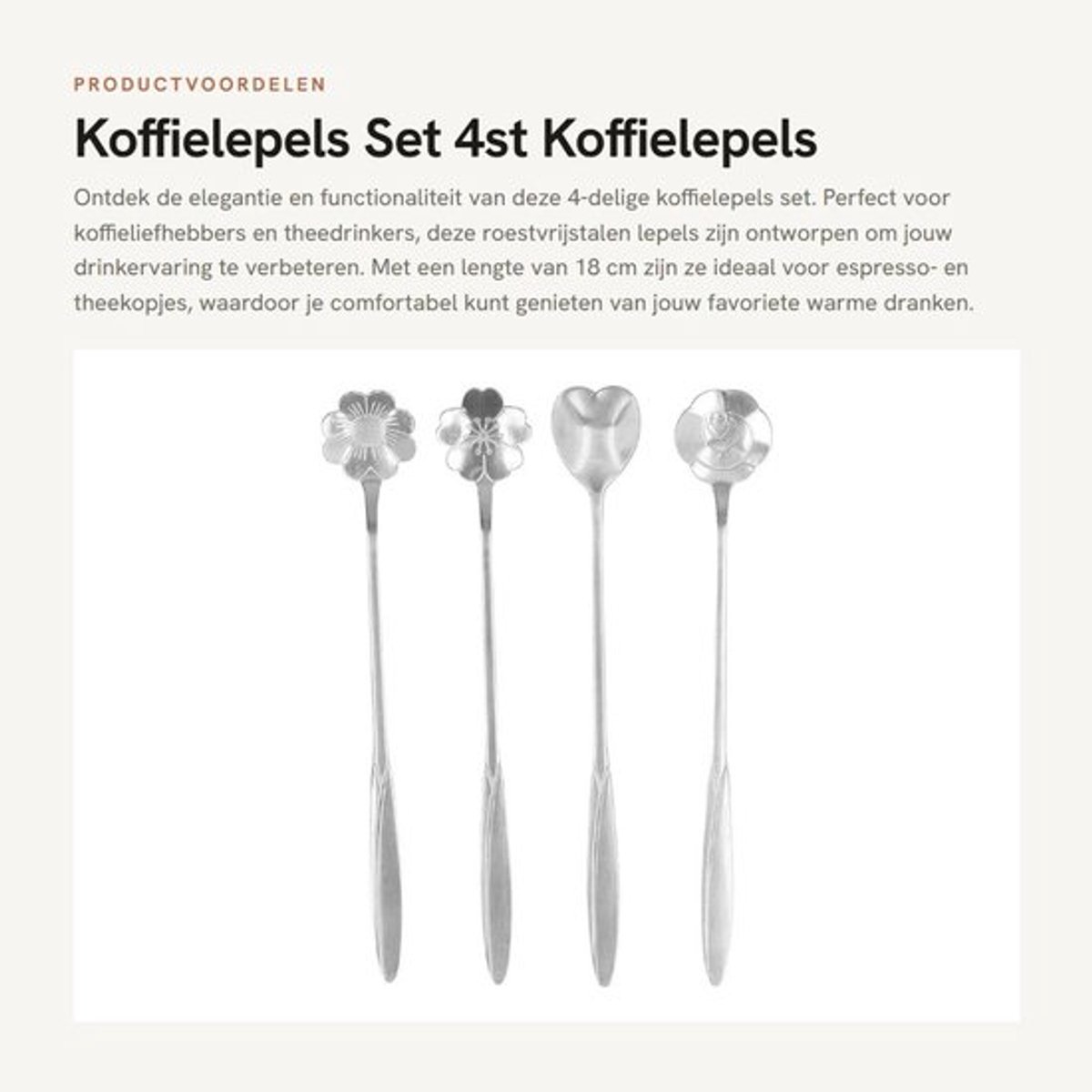 Koffielepels Set 4 Stuks - Roestvrij Staal - 18 cm - Ergonomische Handgreep - Bloemvorm Ontwerp - Geschikt voor Koffie/Dessert - Theelepels