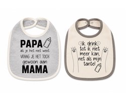 Set van 2 Baby slabbetje cadeau tekst zwangerschap aankondiging ik drink tot ik niet meer kan net als mijn tante en papa als je het niet weet vraag je het toch gewoon aan mama | hoera je wordt weer neefje nichtje liefste  bekendmaking aanstaande