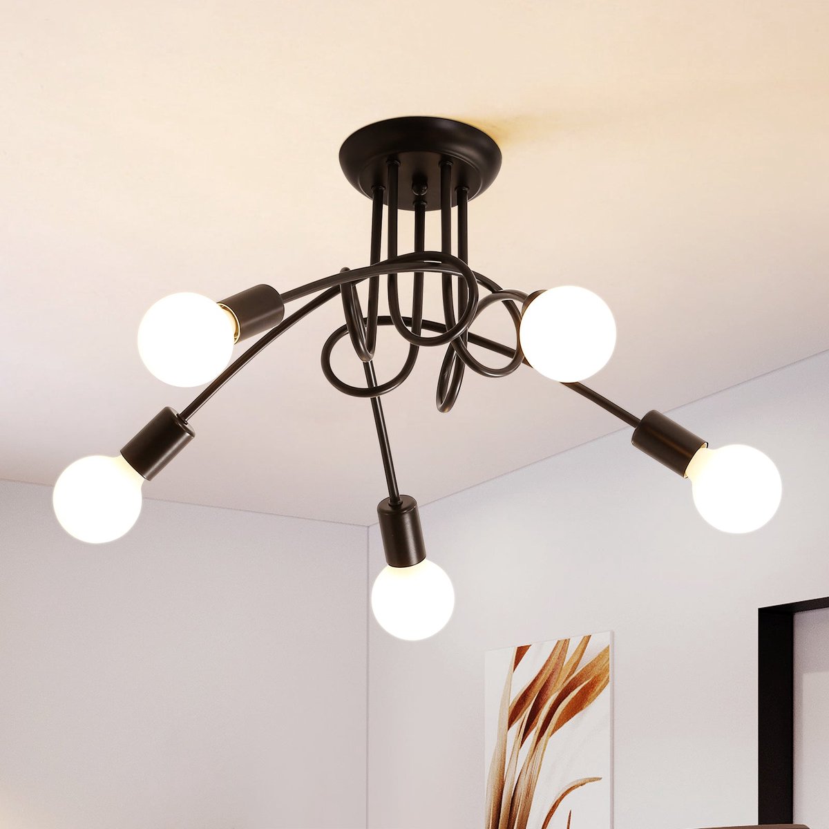 Riserva Industriële Plafondlamp - 5x E27 - Zwart Metalen Plafondlamp - Vintage Design - Max. 60W per Lichtpunt - voor Woonkamer, Keuken en Eetkamer