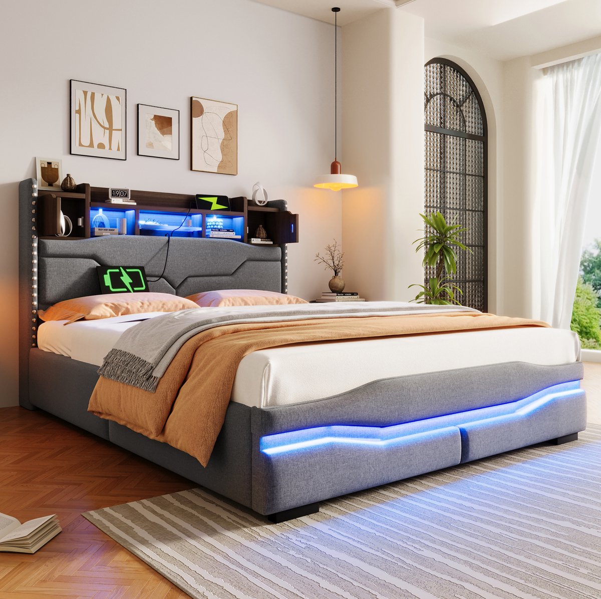 COVREO Bedframe 140x200 cm grijs, met LED en opbergruimte, zonder matras