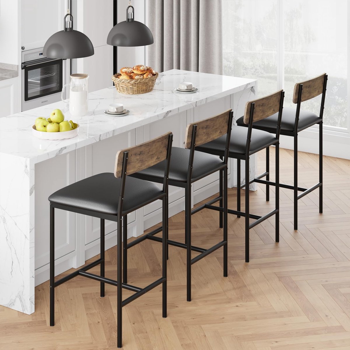 Set van 4 barstoelen, keukenbarstoelen met voetsteun, 64,8 cm hoge gestoffeerde stoelen met rugleuning, 4 barstoelen op aanrichthoogte voor bar en keukeneiland, eenvoudige montage