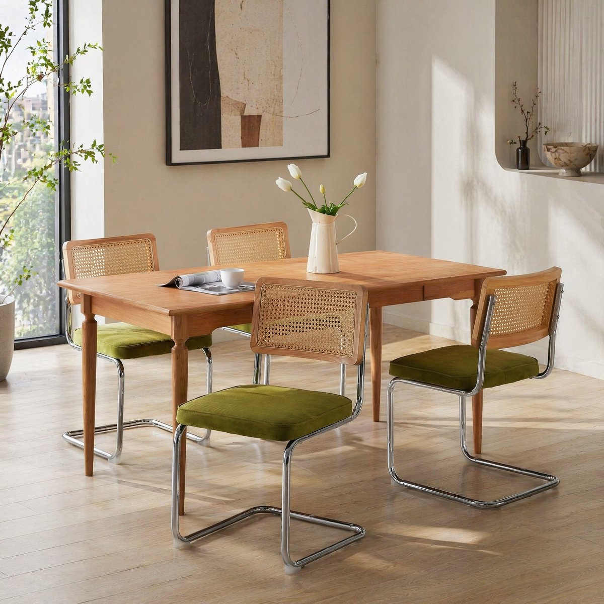 MEUNIQ eetkamerstoel set van 2, 81 cm, velvet zitting met rotan rugleuning en metalen sledeframe, olijfgroen voor de eetkamer Olive Green