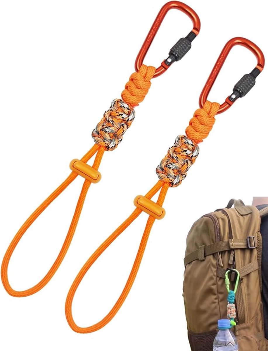 Paracord Karabijnhaak - 2 Stuks - Karabijnhaakset - Sleutelhanger - Met Karabijnhaak En Vergrendelingsmechanisme - Sleutelkoord - Outdoor Accessoires - Geschikt Voor Flessen Tot 8 Cm - Oranje